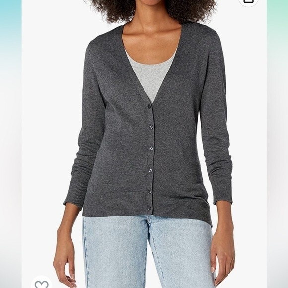 NWT Amazon Essentials Charcoal Gray V-Neck Cardigan Sweater in Women's Sz Medium - Picture 1 of 12